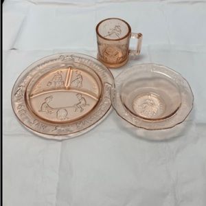 Vintage Tiara Glass Nursery Rhymes 3pc Children's Dinnerware Set